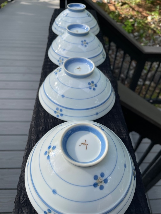 Other - ❤️ 4 Vintage Handpainted & Signed Blue Floral Porcelain Rice Bowls - Set of 4